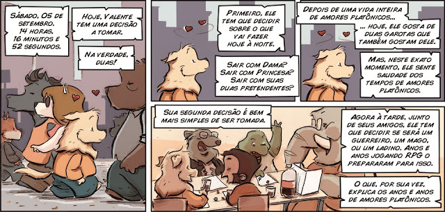 Quadrinho mostrando dois corações rodando na cabeça do Valente