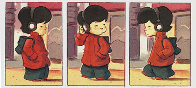 Três imagens retratando o personagens Toshio, de descendência japonesa e usando um casado vermelho e fones de ouvido.