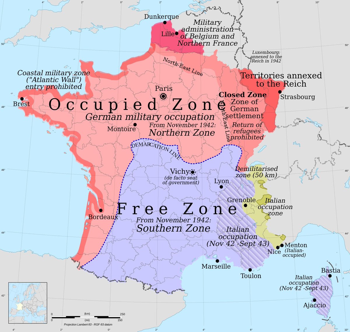 Mapa da França, mostrando o norte ocupado pelos nazistas e a zona livre ao sul