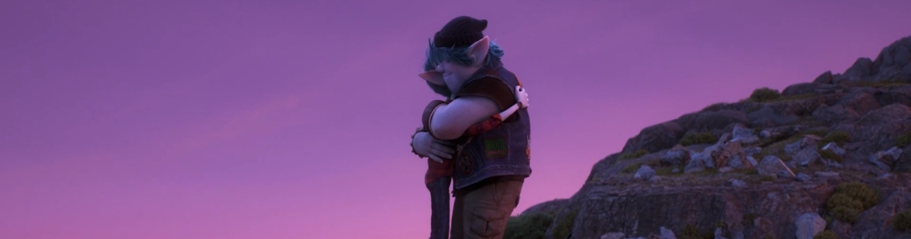 Barley e Ian se abraçam em um fundo roxo de pôr-do-sol